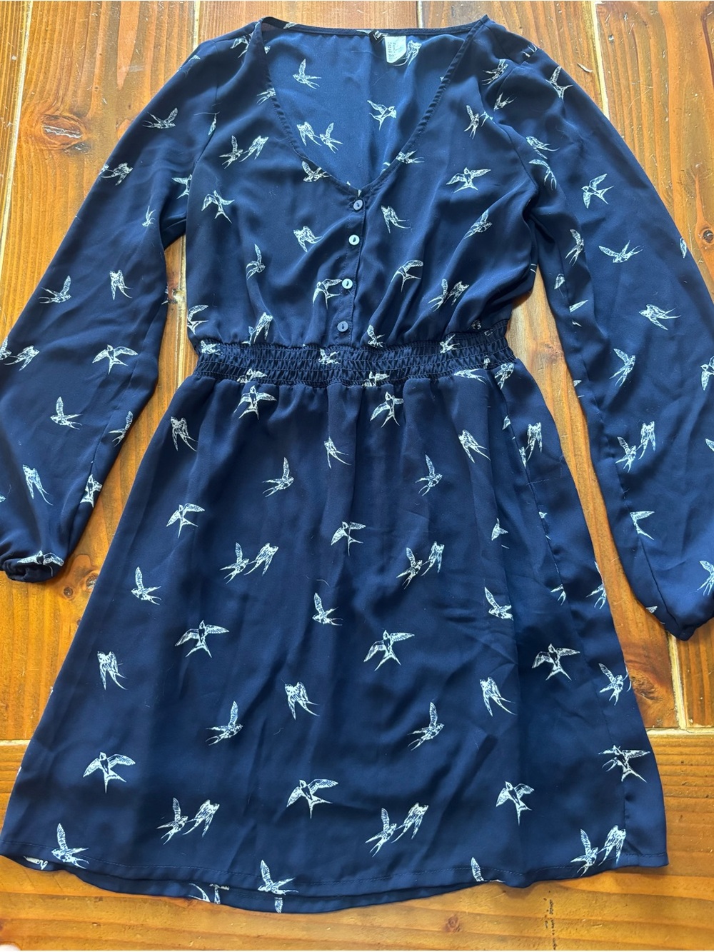 Navy Bird Print Button Front Dress